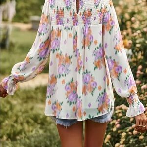 Entro Floral Blouse with Purple and Orange Accents